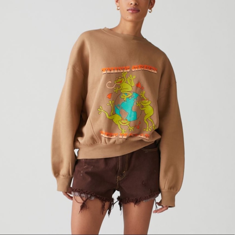 NWT UO 90s EcoFriendly 'Think Green Keep It Clean' Frog Nature Sweatshirt - Picture 2 of 4